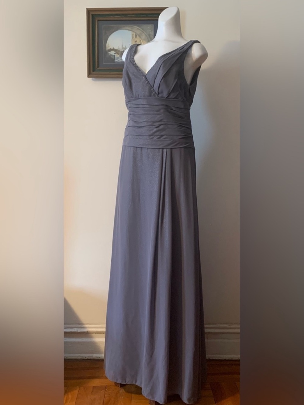 David's Bridal Slate Gray V-Neck Ruched Waist Maxi Dress